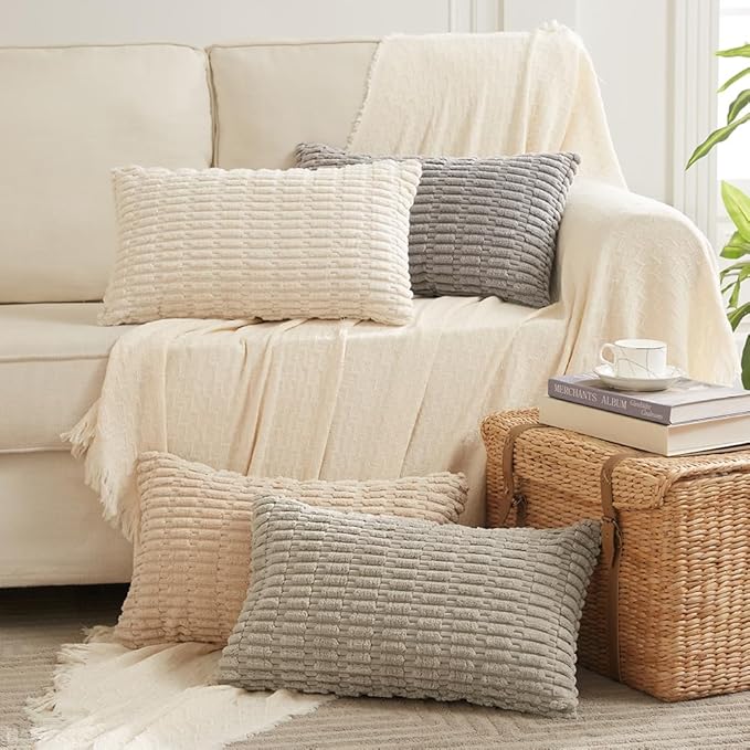 Fancy Homi 4 Packs Grey Decorative Throw Pillow Covers 12x20 Inch for Living Room Couch Bed, Rustic Modern Farmhouse Boho Home Decor, Soft Plush Corduroy Gray Cute Square Accent Cushion Case 30x50 cm