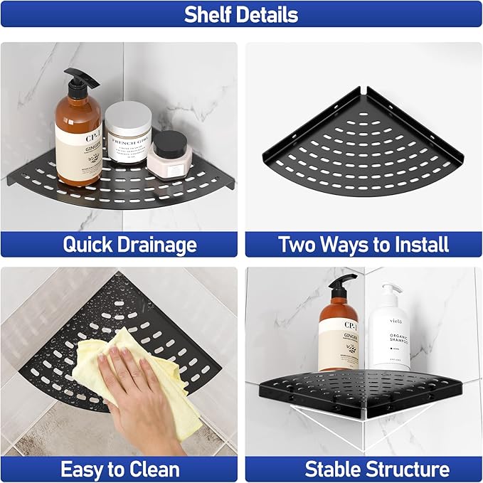 Corner Shower Shelves 304 Stainless Steel Matte Black 8in Corner Shower Shelf Drilling Installation Strong Load-Bearing Capacity
