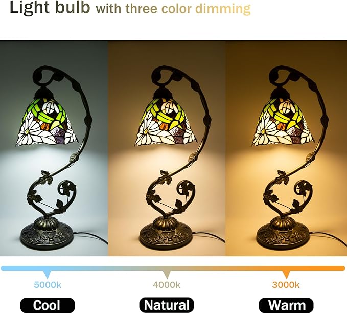 Tiffany Lamp,21x11x8 inches Stained Glass Lamp,White Chrysanthemum Tiffany Style Table Lamp with Three-Color Dimming for Bedside,Dining Table,Antique Office