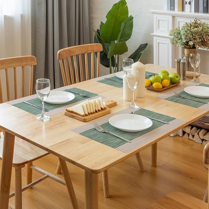 Winknowl Placemats, Set of 6 Heat Resistant Stain Resistant Woven Vinyl Insulation Place mats, Durable Washable Elegant Table Mats for Dining (Striped Green)
