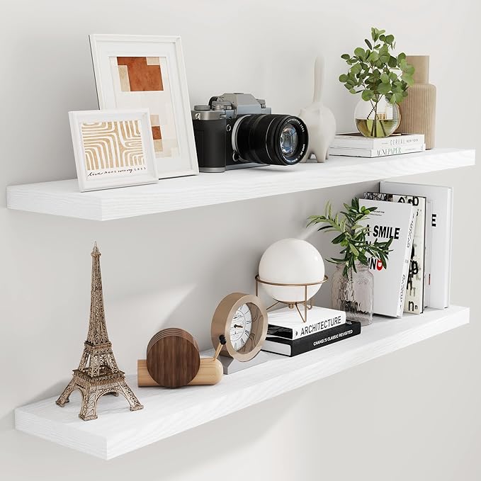 55"W x 9"D Floating Shelves Set of 2, 9.3 Inch Deep Floating Shelves Wall Mounted, Wide Wall Shelves Invisible Bracket, Deep Storage Shelves for Living Room, Bathroom, Kitchen, White Color
