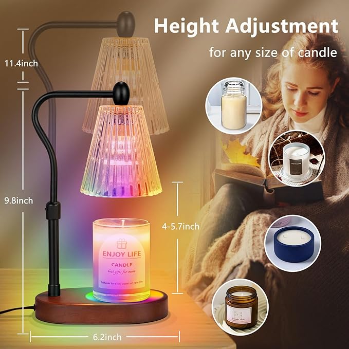 Candle Warmer Lamp with 8 Colors LED Changing,with Timer Dimmer Adjustable Height,Mothers Day Gifts,Vintage Home Decor