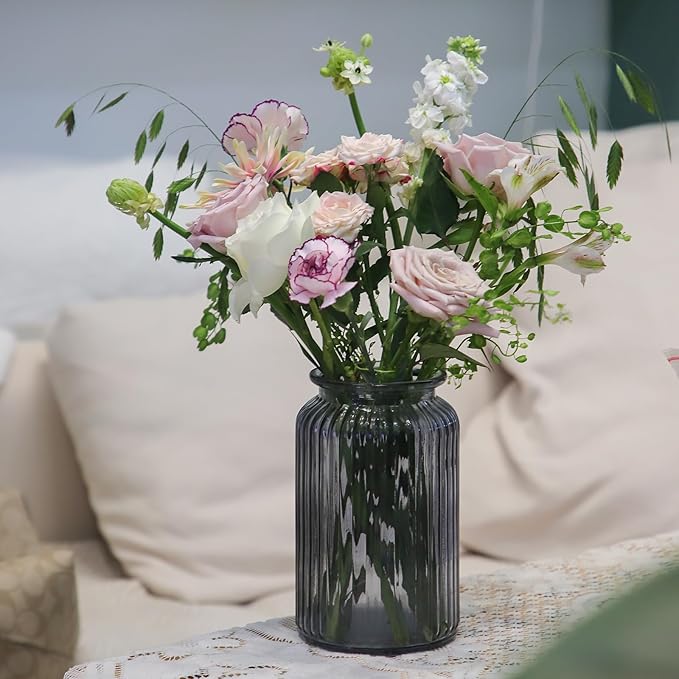 OFFIDIX Glass Vase,7.3 * 4.3in Vertical Line Geometric Faceted Design Flower Vase