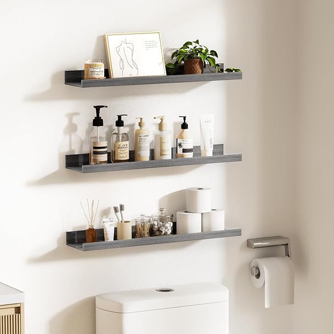 upsimples Floating Shelves for Wall, Wood Mounted Shelf Decor Storage Set of 6, for Bedroom, Living Room, Bathroom, Kitchen, 23.6 inch Long Picture Ledge, Grey