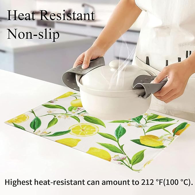 Lemon Table Placemats Set of 4 Place Mats Linen Washable Wipeable Placemats Heat Resistant Placemats Fabric Waterproof Rectangle Table Mat for Kitchen Dining Dinner 18 X 12 Inch, Lemon