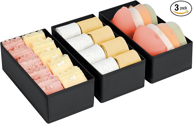 DIMJ Drawer Organizer - Small Clothes Organizer Set of 3, Drawer Dividers for Baby Clothes, Underwear, Socks, Bra, Belt, Tie - Black
