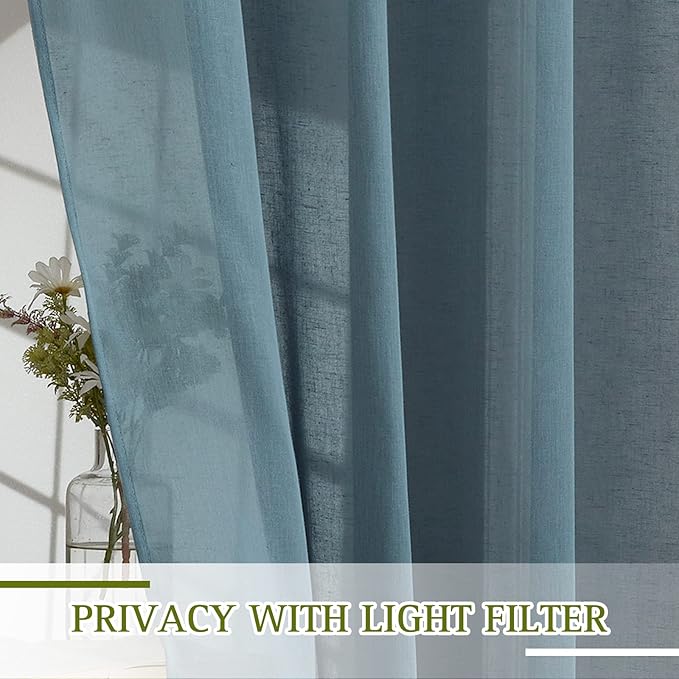 NICETOWN Linen Smoke Blue Curtains 72 inch Length 2 Panels, Grommet Semi Sheer Privacy with Light Filtering Linen Blend Window Drapes for Farmhouse/Bedroom, W52 x L72, 2 Panels