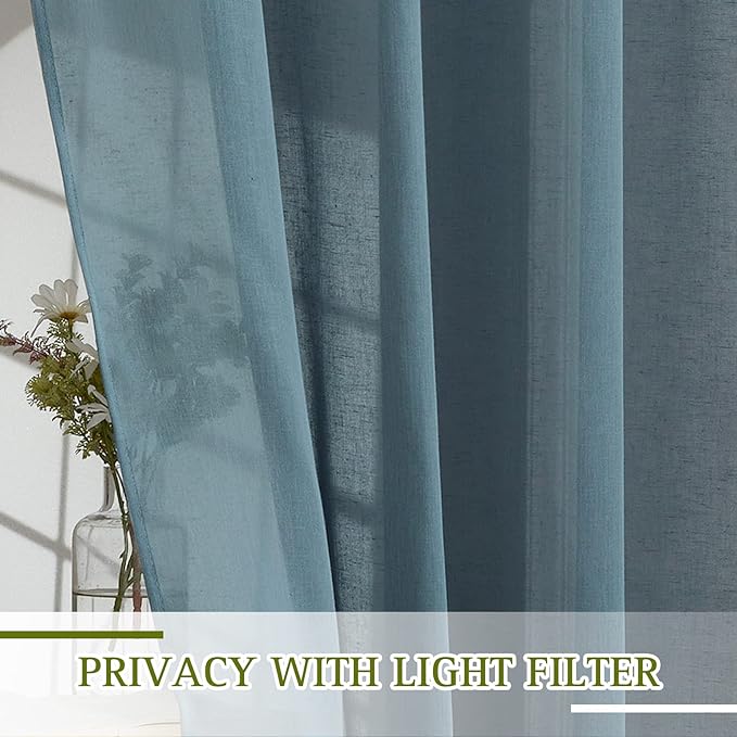 NICETOWN Smoke Blue Linen Sheer Curtains 45 inch Long for Kitchen, Grommet Semi Sheer Linen Curtains & Drapes Privacy with Light Filtering for Bedroom, 2 Panels, W52 x L45