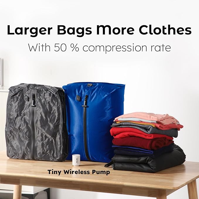 Vacuum Bags for Travel Luggage with Wireless Pump, Revolutionary Reusable Compression Bags for Carry On Suitcases and Backpack, Vacuum Seal Packing cube for Cloth (2PC + PUMP Gray & Blue)