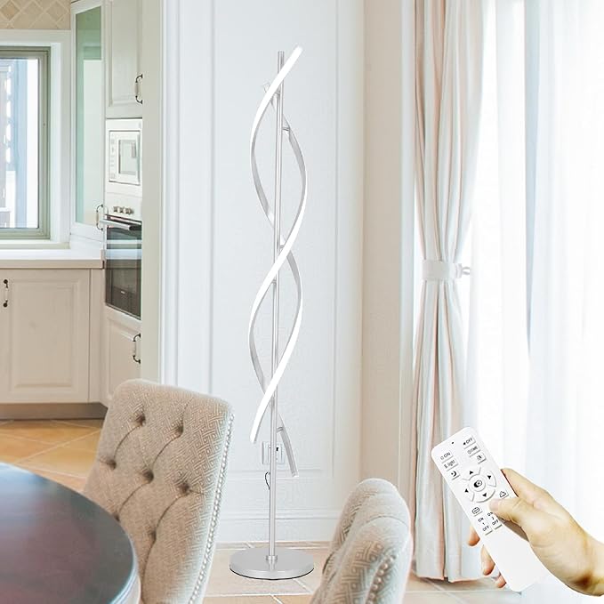 61" LED Floor Lamp for Living Room, 40W 3 Colors Stepless Dimmable and Color-Changing Bright Floor Standing Lamp,Unique Spiral Floor Tall Lamp for Bedroom Office with Remote (Silver)