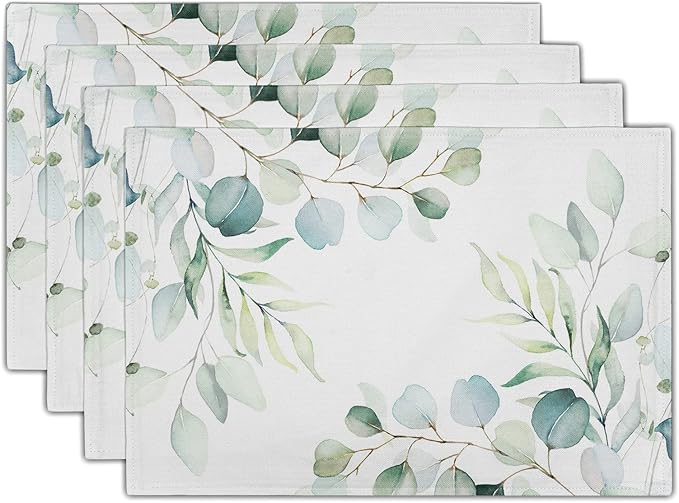 Sage Green Placemats Set of 4 Washable Non-Slip Heat Resistant 12×18 Inch Spring Watercolor Eucalyptus Leaves Thick Place Mats Decorative Linen Fabric Table Mat for Dining Table Kitchen Home Decor