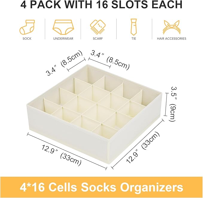 Joyoldelf Sock Drawer Organizer Divider Underwear Organizer 16-cell Fabric Dresser Drawer Organizers Storage Boxes for Socks Lingerie, Handkerchiefs, Ties 4 Pack (Beige)