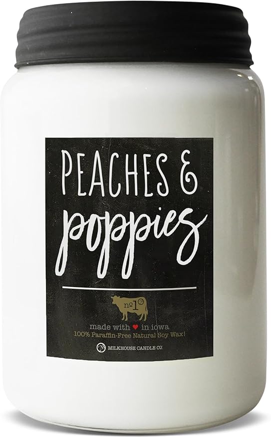 Milkhouse Candle Company, Peaches & Poppies, Farmhouse Collection, Scented Soy Candle, Mason Jar Candle, 26 Ounce