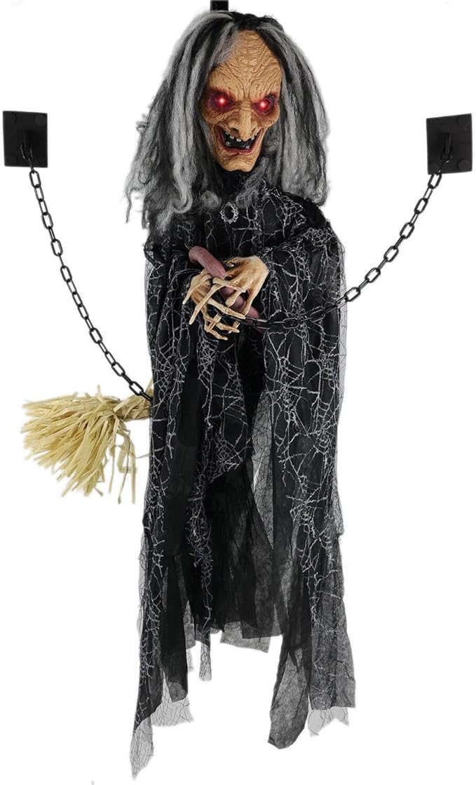 Haunted Hill Farm Animatronic Scary Witch Door Greeter with Touch Activated Lights and Sound, Battery-Operated Indoor or Covered Outdoor Halloween Decoration