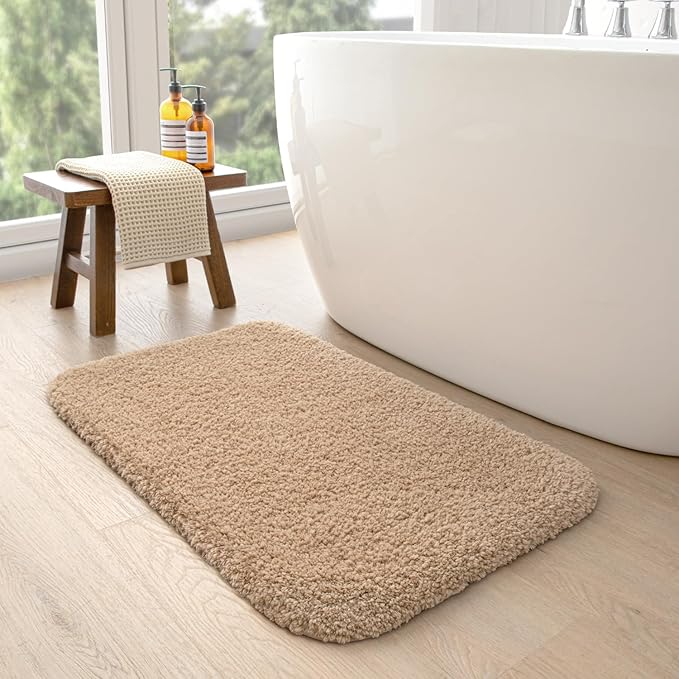 DEXI Bathroom Rug Mat 24x16, Extra Soft and Absorbent Bath Rugs, Washable Non-Slip Thick Carpet Mat for Shower Floor, Tub, Beige