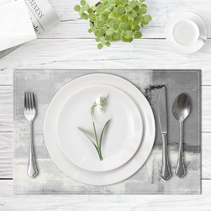 Emvency Farmhouse Placemats Set of 4, Vintage Light Gray and Dark Gray Art Painting 12x18 Inch Abstract GreyTable Mats for Outdoor Home Party Kitchen Dining Decoration