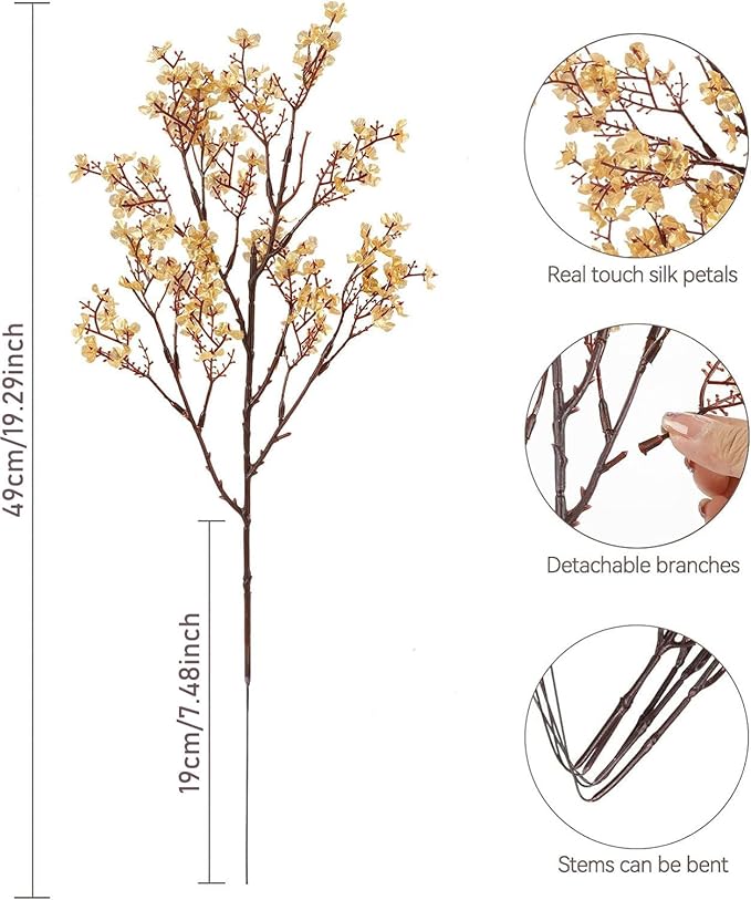 Babys Breath Artificial Flowers, 8 Bundles Gold Real Touch Fake Flowers Silk Flowers for Vase Home Office Wedding Spring Indoor Outdoor Centerpiece Table Party Decorations