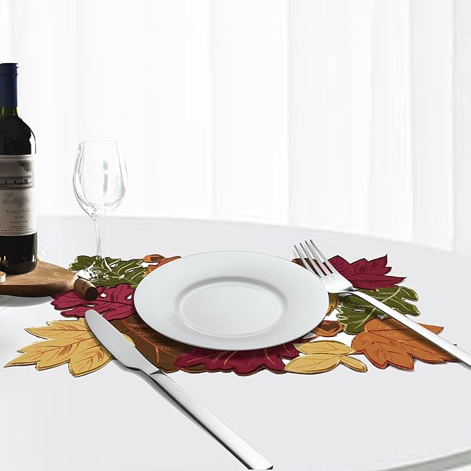 OWENIE 4 PCS Thanksgiving Placemats for Dining Table, 13 x 19 Inch Set of 4 Embroidered Maple Leaves Table mats for Fall, Harvest Applique Leaf for Autumn Decorations