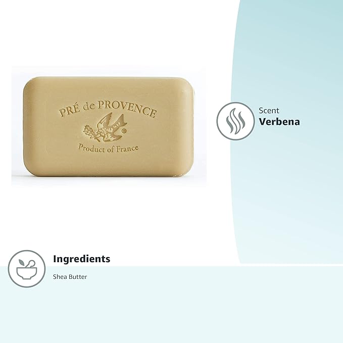 Pre de Provence Artisanal French Moisturizing Soap Bar, Shea Butter Enriched, Quad Milled for Long Lasting Rich Smooth Lather, 5.3 Ounce, Verbena