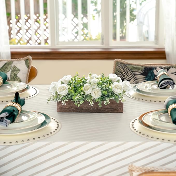 Dahey Centerpiece Table Decorations for Dining Room Farmhouse Living Room Table Centerpieces Decor Wood Tray with 3 Artificial Flowers and 2 Eucalyptus for Kitchen Table, 14.1" x 4.7" x 3.1", White
