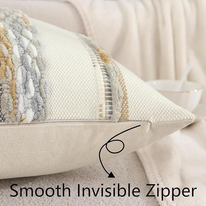 Tosleo Boho Throw Pillow Covers 18x18 Set of 2 Striped Decorative Pillow Cases Accent Chenille Pillowcases Farmhouse Cushion Case Bohemian Nuetral Textured Pillow Cover,Orange and Gray