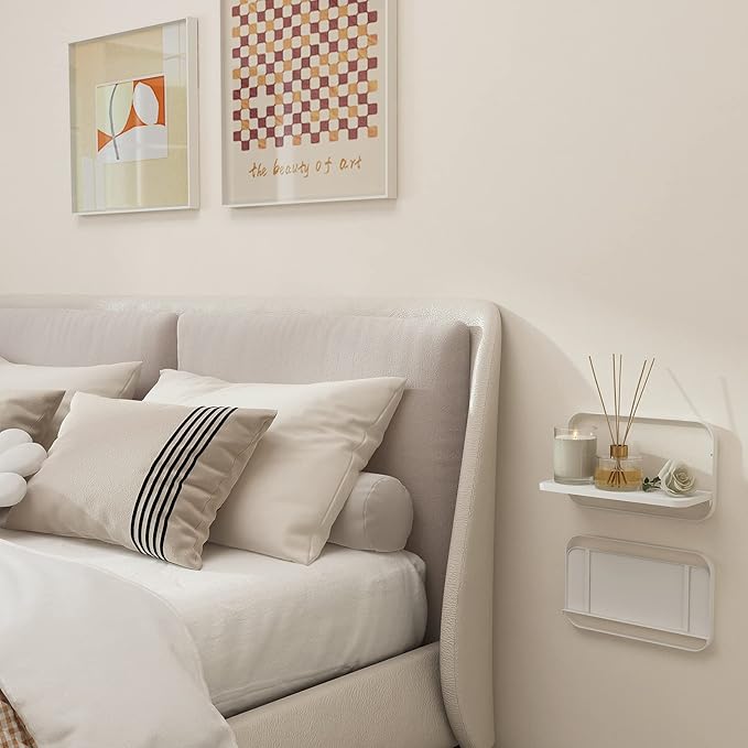 WELLAND White Floating Shelves Set of 2, Small Fold Down Wall Shelf Folding Display Wall Shelves for RV, Camper, Loft, Bedside | White Wooden Board & Metal Frame | 12" W x 5" D x 7" H