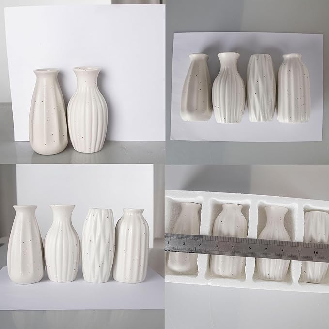 Set of 4 Small White Ceramic Vases Table Flower Vase Modern Decorative Vases for Pampas Grass, Small Vase for Home Living Room Dining Table Farmhouse Office Decor-4.9inch High