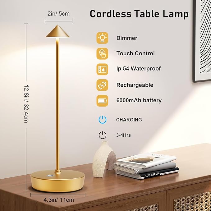 Rechargeable Cordless Table Lamp, 6000mAh LED Battery Operated Desk Lamp Touch 3 Color Stepless Dimming Portable Outdoor Waterproof Table Light for Patio/Restaurant/Dining/Home (Gold)