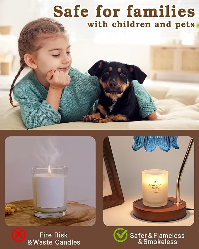 Flower Candle Warmer Lamp with Timer, Blue Candle Lamp Warmer, Birthday Gifts for Women, Mom, Female Friend, Dimmable Glass Lamp Candle Warmer Gifts, Aromatic Candle Wax Warmer for Vintage Home Decor