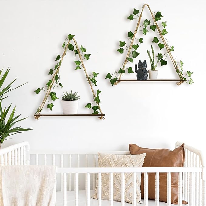 2 Pack Artificial Ivy Wall Hanging Shelves Boho Floating Shelves Wall Decor, Adjustable Rustic Wood Shelf with LED Light Storage Rack Macrame Plant Shleves Holder for Bedroom