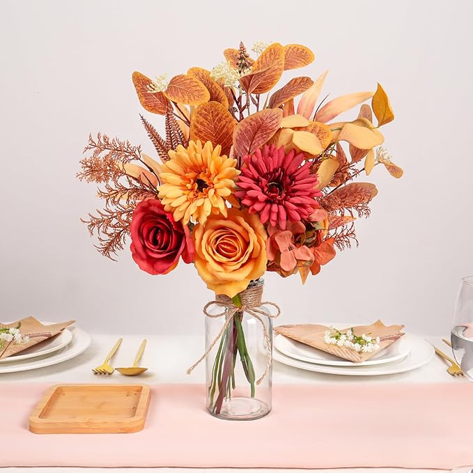 Artificial Fall Flowers for Decoration, Fall Fake Flowers in Vase Faux Silk Flower Arrangements Room Office Wedding Home Decor Indoor Tables Centerpieces Autumn Flowers Decor (Fall Flowers)