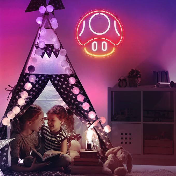 Kavaas Gaming Neon Sign, Mushroom Neon Sign for Game Room Decor, Man Cave, Kids Room - Gaming Mushroom Wall Decor - Gamer Gifts for Boys, Kids (Red)