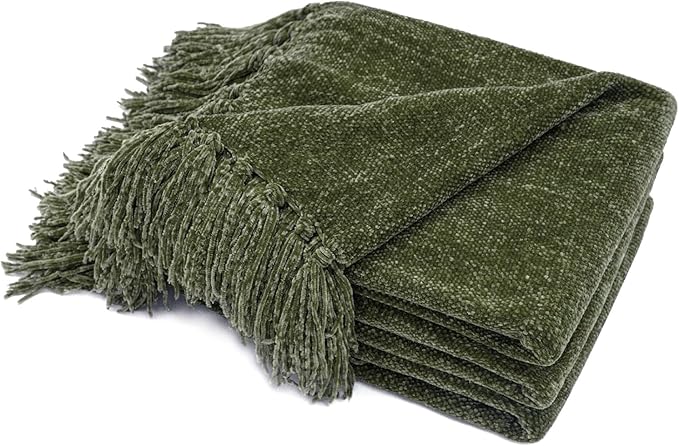 EVERGRACE Soft Chenille Throw Blanket for Couch, Cozy Plush Fuzzy Decorative Chenille Knit Throw Blanket with Tassels, Lightweight Blanket and Throws for Bed Sofa Gift Home Decor, Olive Green 60"x80"