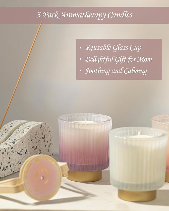 DN DECONATION Scented Soy Candle Set for Mom, 3 Pack Aromatherapy Candles with Cedar, Autumn Wood and Sandalwood Fragrance for Home Stress Relief Women Birthday Anniversary Presents