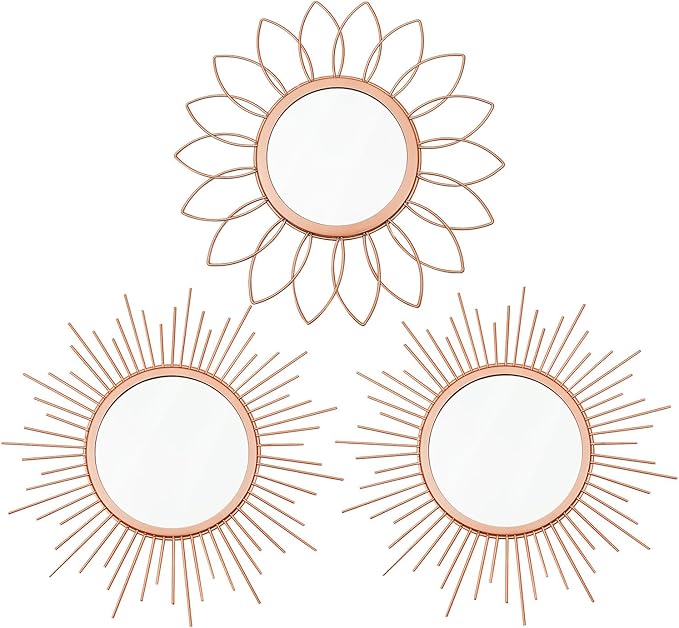 3 Pack Metal Mirrors for Wall Sunburst Wall Mirrors Home Décor Decorative Hanging Wall Art for Living Room Bedroom Entryway (Rose Gold, Flower+Sunburst)