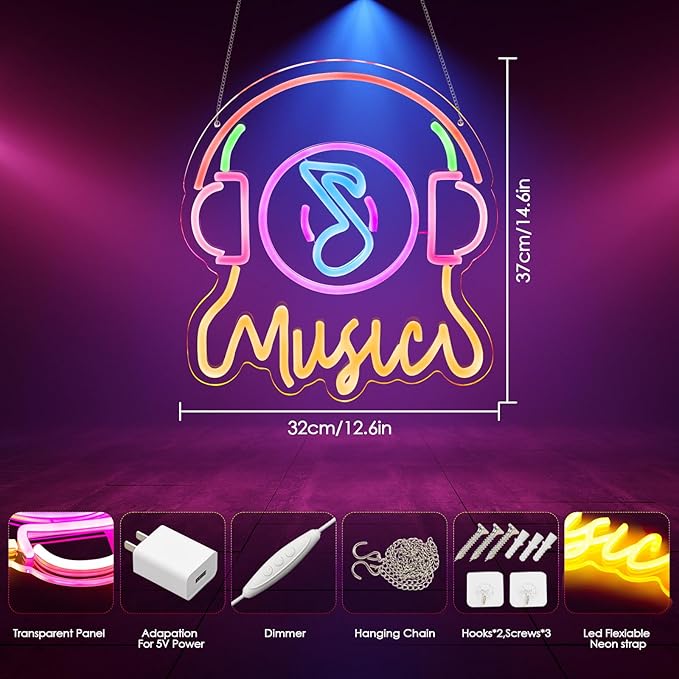 Live Music Neon Sign Earpoda Neon Sign for Wall Decor, Neon Wave Sign LED Light Sign, LED Signs for Bedroom Wall, Neon Lights Signs for Man Cave Bedroom, Wedding, Living Room, Party, Bar, USB Powered with Dimmer (12.6* 14.3in)