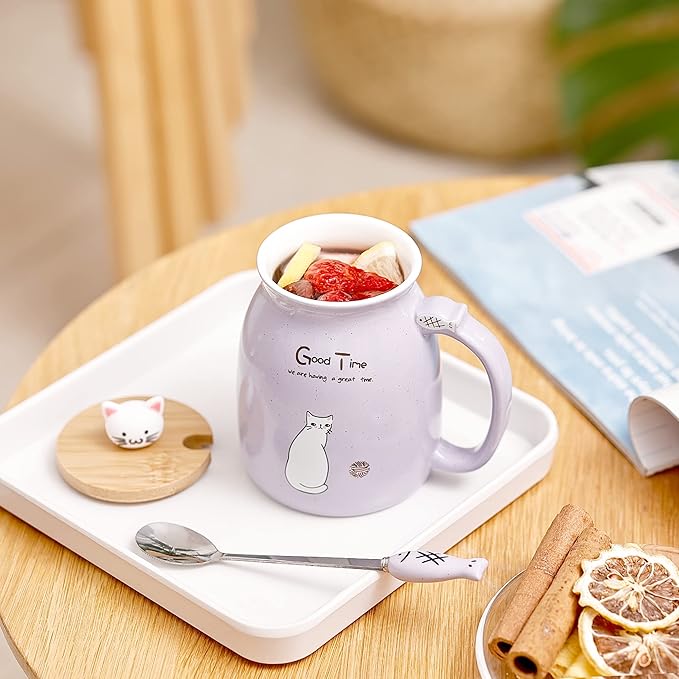 SHENDONG 2 Pack Cat Mugs Cute Ceramic Coffee Cups Set of 2 with Kawaii Bamboo Lid and Spoon Novelty Morning Cup Coffee Milk Tea Mugs - 3D Animal cat Mugs for Cat Lovers Women Gifts (Red and Purple)