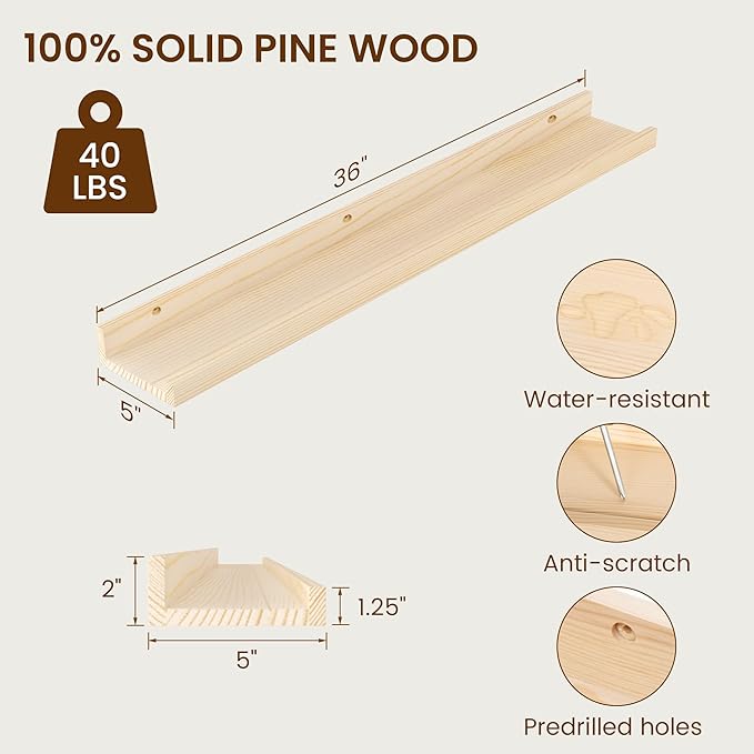 Picture Ledge Shelf, Solid Pine Wood Rustic Floating Shelves for Wall, 36 Inch Long Floating Shelves with Lip for Bedroom Kitchen Living Room Nursery Display, Set of 2 (Natural)