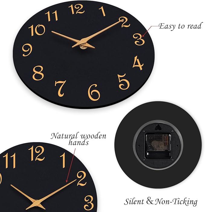 Wall Clock 14 Inch, Modern Wall Clocks Battery Operated, Silent Non Ticking Clock Decorative for Living Room, Office, Home, School (Black Gold)