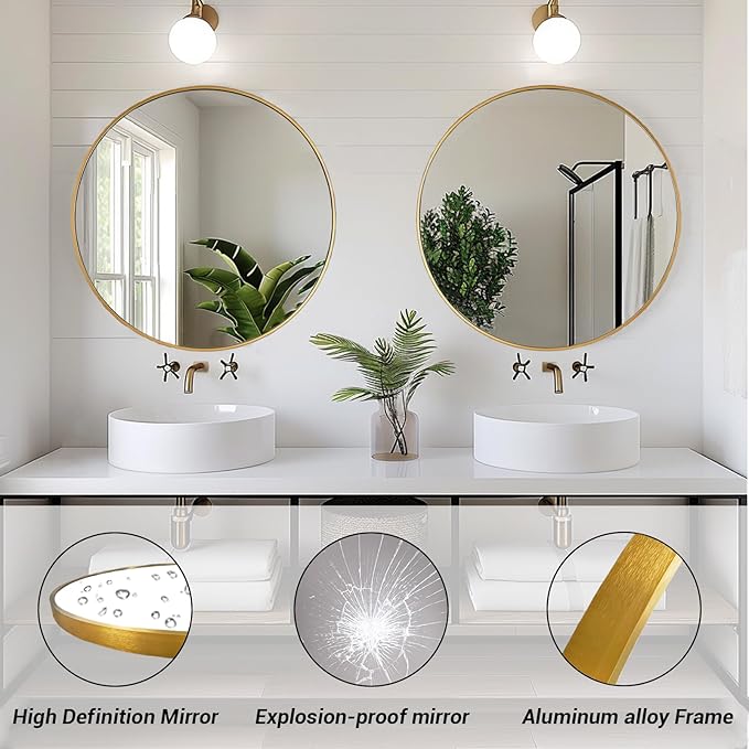 Gold Round Mirror, 24 inch Circle Mirror, Gold Metal Frame Bathroom Mirrors, Round Wall Mounted Mirrors for Bathroom, Hallway, Living Room, Bedroom.