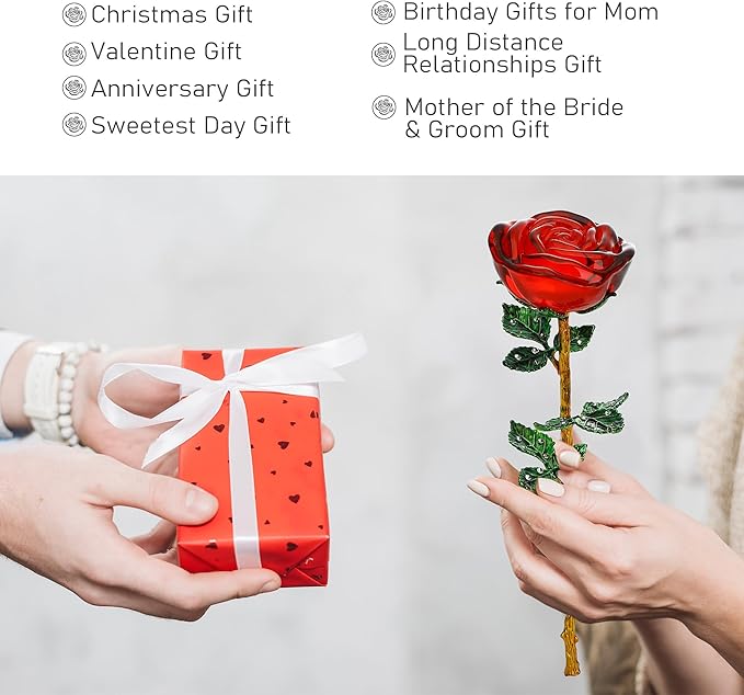 HDCRYSTALGIFTS Crystal Rose Flower Figurine Collectible Flower Gifts for Women,Crystal Glass Flower Collectible Ornaments for Christmas Home Table Centerpiece