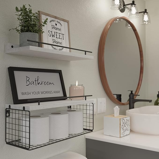 WOPITUES Floating Shelves for Bathroom Wall Decor Sign, Bathroom Organizer and Storage, Bathroom Shelves Over Toilet with Metal Guardrail-Modern White