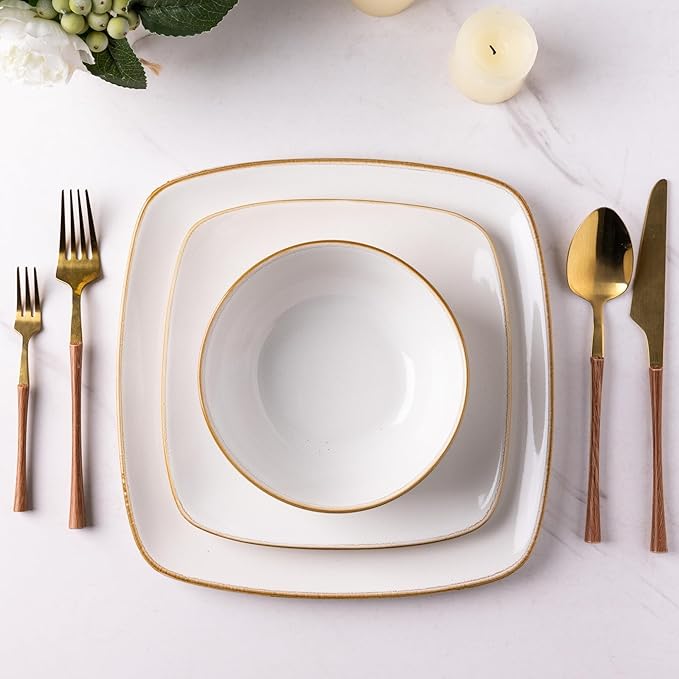 AmorArc Ceramic Dinnerware Sets for 4, 12 Pieces Square Handpainted Plates and Bowls Set, Chip and Scratch Resistant Stoneware Dishes Set, Dishwasher & Microwave Safe, Pearl White