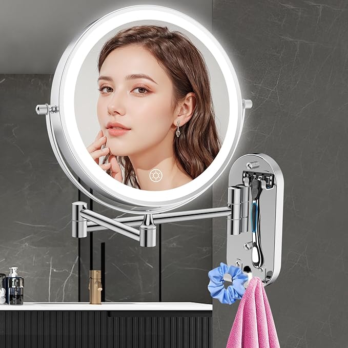 FUNTOUCH Wall Mounted Lighted Makeup Mirror, Rechargeable 8" Double-Sided LED Make up Mirror 1X/10X Magnification, 3 Color Lights Dimmable 360Β° Rotation Wall Mount Mirror with Extension Arm and Hooks