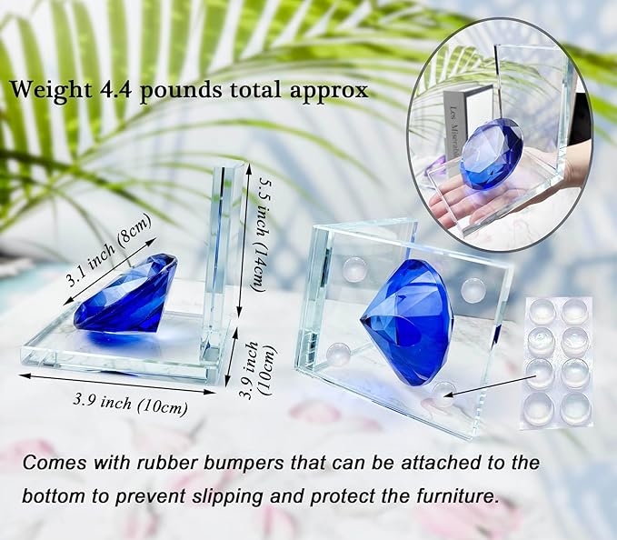 Crystal Bookends Decorative Glass Book Holders Heavy Duty Book Ends with Diamond for Shelf Decor Unique Book Stopper Blue