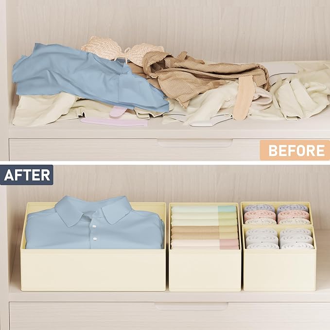 DIMJ Drawer Organizer Clothes 24 Pack - Foldable Baby Organizers and Storage & Dresser Organizer for Bedroom, Closet - Nursery Organization Dresser Dividers for underwear, Sock,Bra, Belt, Tie, Beige