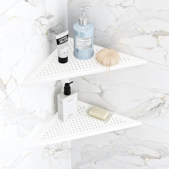 2 Pack Bathroom Corner Shelf, Recessed 12" Corner Shower Shelf, SUS304 Stainless Steel Triangular Wall Mount, No Drilling, Matte White