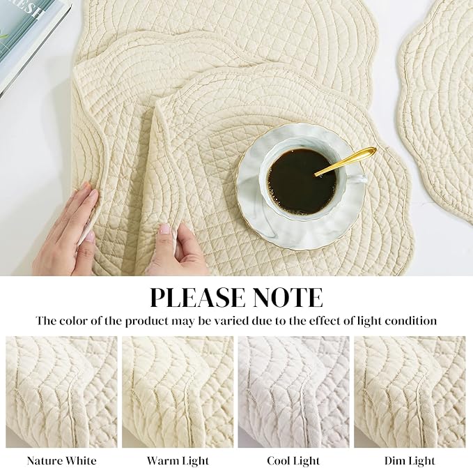 HOMBYS Quilted Placemats Set of 6 Washable Round Placemats for Kitchen Table-100% Cotton Fabric 13 Inch Round Table Mats, Cotton Fabric with Microfiber Filling, (13"x13", Flax)