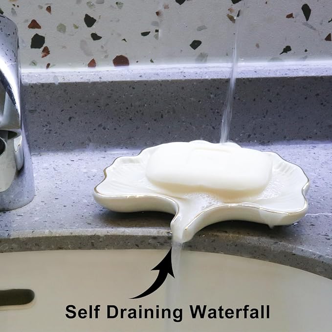 Ginkgo Leaf Style Ceramic Self Draining Soap Dish Waterfall Soap Dish Soap Savers for Bathroom,Shower,Bar Counter