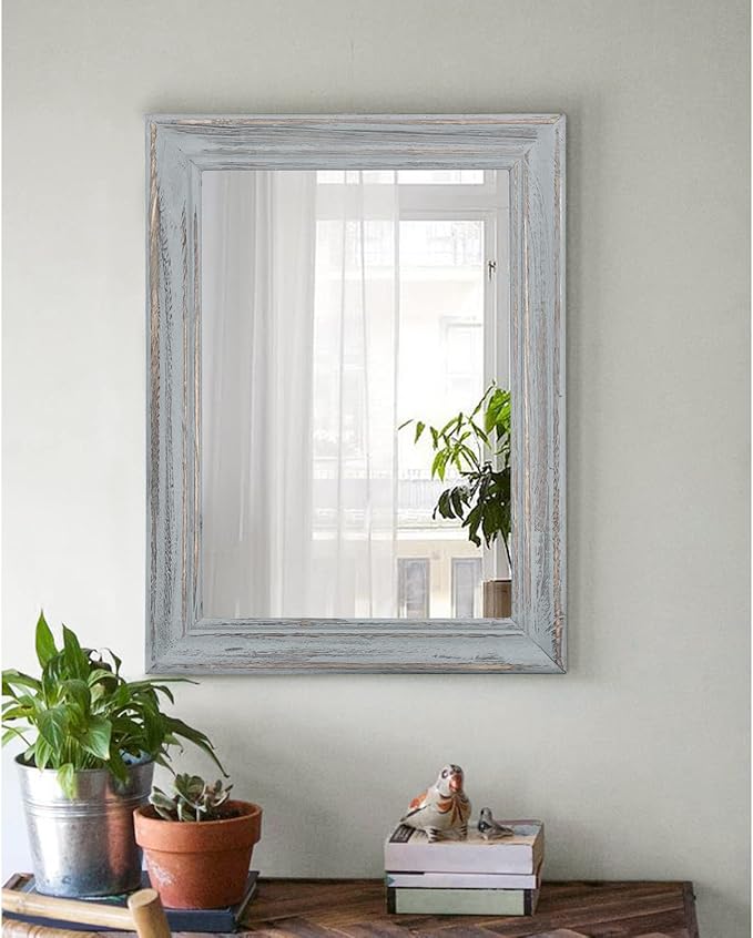 Wooden Mirror with Framed Rectangular Retro Wall Mirrors Decorative for Bathroom Bedroom Living Room Hallway Entryway Home Decor Grey